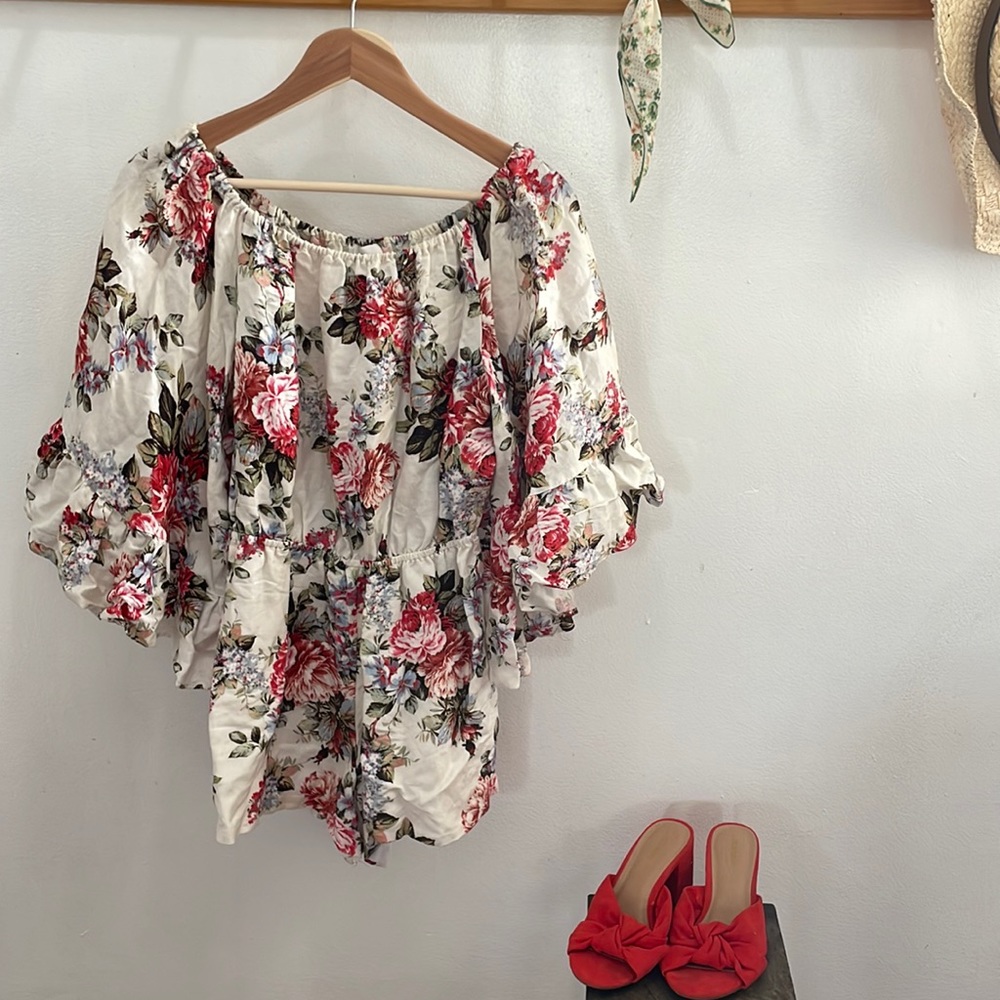 LPA Revolve Romper - Floral & Off The Shoulder Flutter Sleeve Size XS